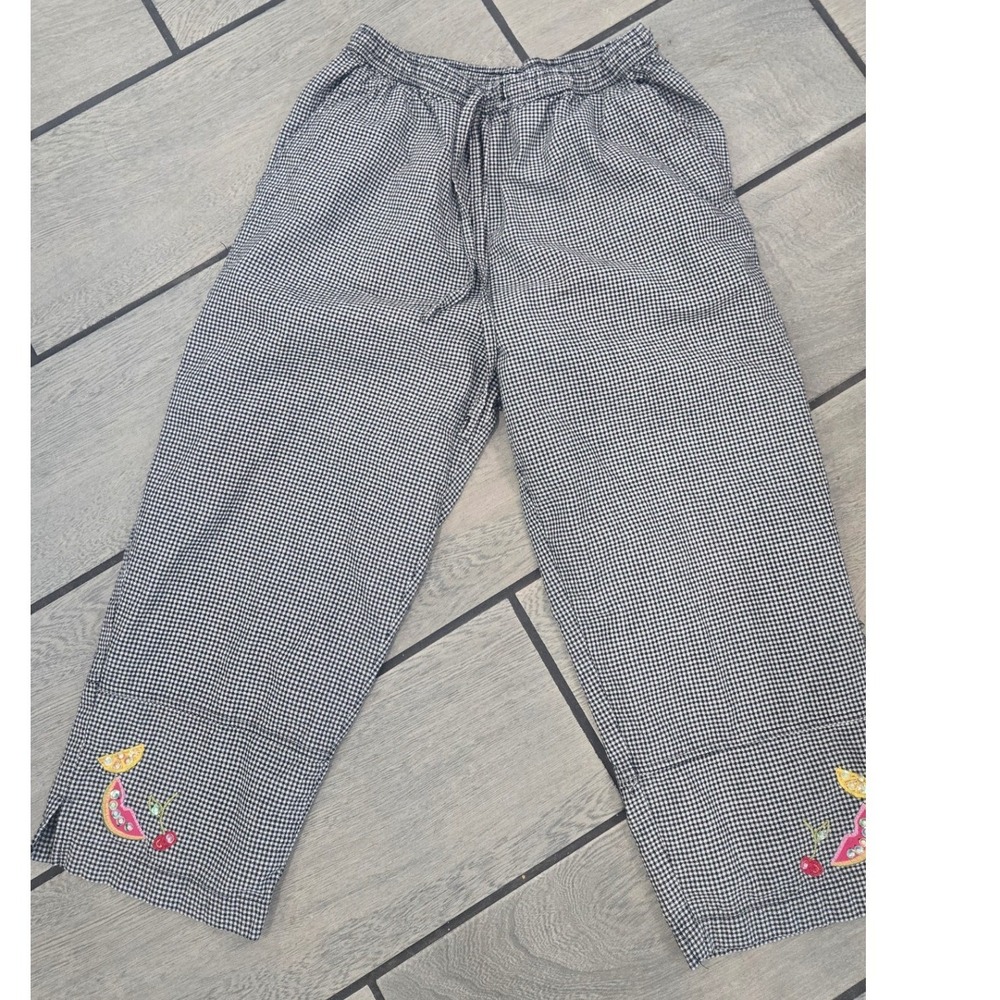 Jane Ashley Gingham Fruit Embroidered Crop Pants Black White Cotton Small